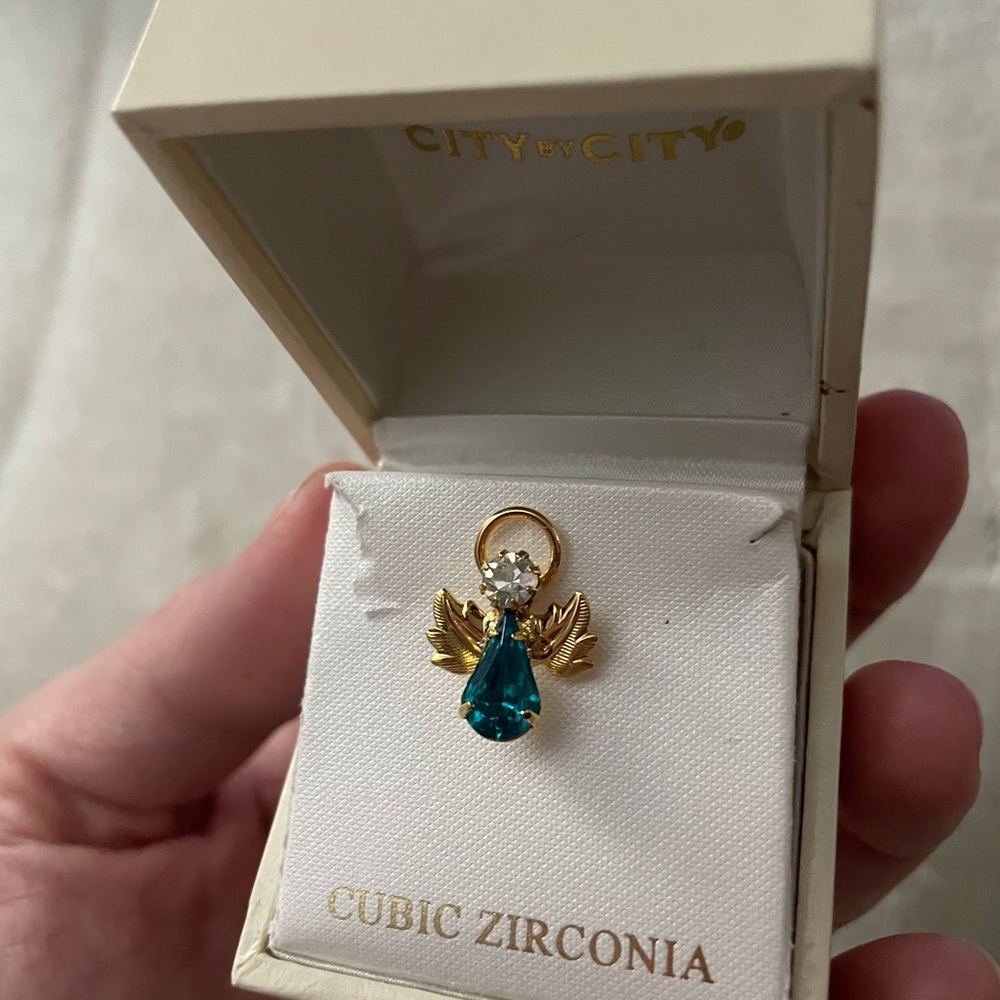 City by City Cubic Zirconia Gold and Blue Angel Pendant Brand New with Box